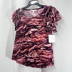 Purple Orange Animal Print Short Ruffle Sleeve Top Stella‎ + Ginger Women's